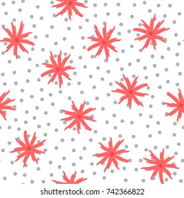 Abstract flowers drawn by hand. Polka dot. Floral seamless pattern. Sketch, doodle. Vector illustration. Red, gray, white colour.