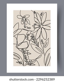 Abstract flowers eco tracery wall art print. Printable minimal abstract flowers poster. Contemporary decorative background with tracery. Wall artwork for interior design.
