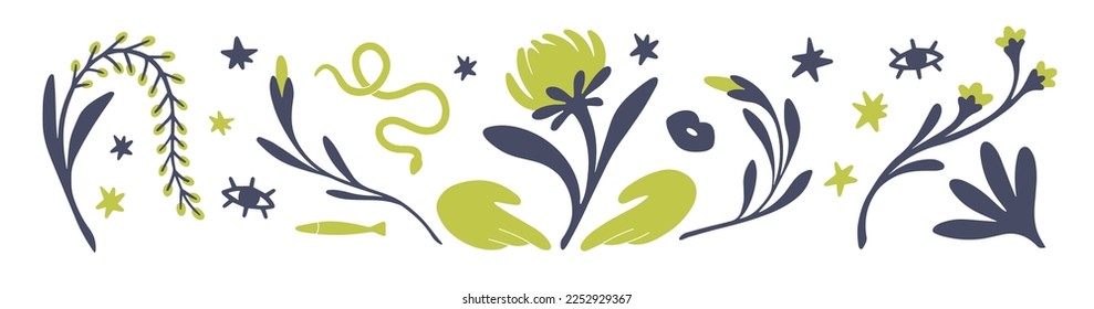 Abstract flowers, esoteric elements bundle. Leaf branches, magic plants, decorative eye, fish, snake set. Modern minimal mysterious occult decor. Flat vector illustrations isolated on white background