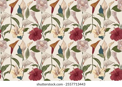 Abstract  Flowers, Flora, Handmade arrangements in seamless vector repeat, ideal for trendy shirts, dupatta prints, and gift wrapping.