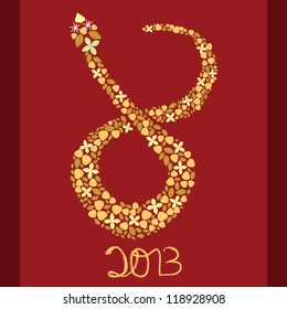 Abstract flowers form a Chinese zodiac golden snake on a classic traditional red background to greet for 2013 snake year.