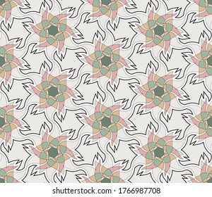 abstract flowers formed by multi-colored polygons with smooth edges and a black stroke on a light background. Seamless pattern in gentle colors. vector
