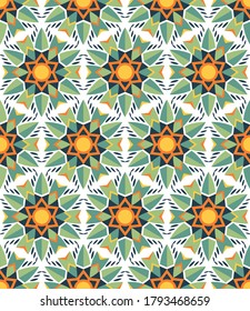 abstract flowers formed by yellow, green, dark blue, orange circles, rounded polygons, broken stripes and segments lined up in rows on a white background. floral seamless pattern. vector
