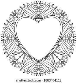 abstract flowers forming a mandala with a heart in the center with space for text, vector for coloring book