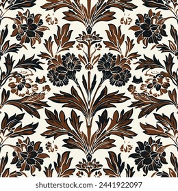 Abstract flowers full arrangement,all over design with solid background for textile printing factory and Beautiful flower motif border element. Dark brown and beige vintage wallpaper pattern. vector