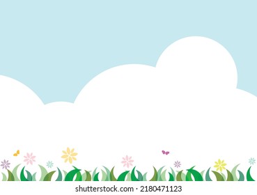 Abstract flowers in the garden with butterflies have clouds and sky background.