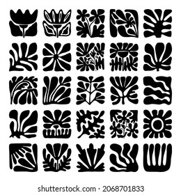 Abstract flowers and geometric shapes black silhouette set. Matisse inspired art vector illustration.