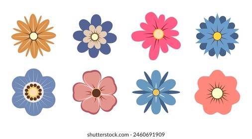 Flores Abstractas, Formas geométricas, vista superior. Flora de primavera y verano. Elementos botánicos de estilo plano. Ilustración vectorial aislada sobre fondo blanco