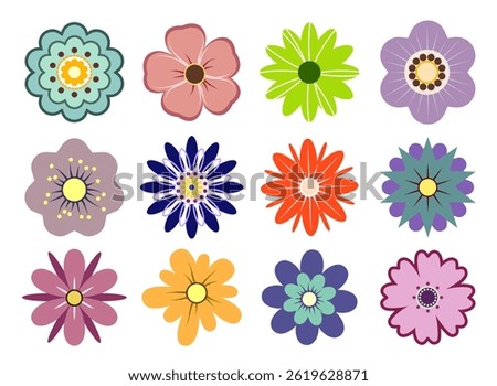 Abstract flowers, geometric shapes, top view. Spring and summer flora. Botanical elements flat style. Vector illustration isolated on white background