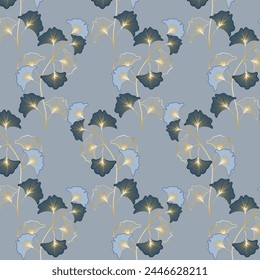 Abstract flowers with gold decor.Vector seamless pattern of leaves with gold decoration on a blue background.