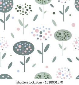 Abstract flowers in graphic flat style in muted shades of green, pink, gray, blue. Seamless background, vector illustration.