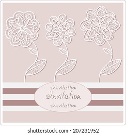 Abstract flowers in graphic style, lace frame border pattern, wedding invitation card design, floral and geometric ornament, hand drawn artwork, vector illustration