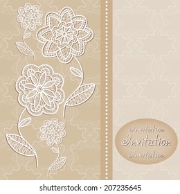 Abstract flowers in graphic style, lace frame border pattern, wedding invitation card design, floral and geometric ornament, hand drawn artwork, vector illustration