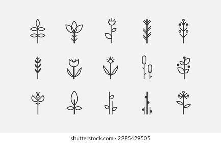 Fijación de iconos de la línea de césped de flores. Plantas de primavera, flores silvestres y flores silvestres. Elementos de los signos botánicos. Ilustración vectorial