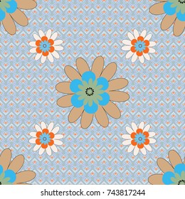 Abstract flowers in gray, blue and beige colors. Vector illustration. Seamless background floral pattern.