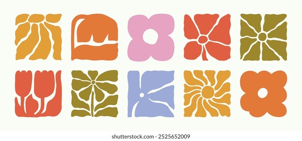 Flores abstratas em estilo retro Groovy. Ilustração Floral Moderna. Ícones botânicos quadrados vetoriais em arte ingênua à mão livre para logotipo, impressão, padrão, cartaz, Web design