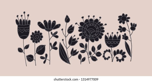 Abstract flowers hand drawn banner design. Black floral silhouettes outline drawing. Paint brushstrokes doodle texture. Wildflowers cartoon sketch on pink background. Naive vector folk illustration