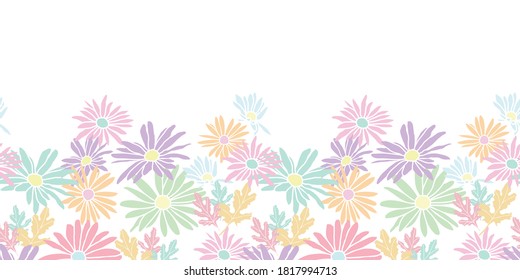 Abstract flowers hand drawn chamomile blossom sketch drawing horizontal border seamless pattern design