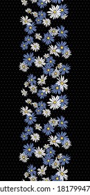 Flores abstractas con flor de manzanilla dibujada a mano con un patrón de borde vertical sin fisuras en el diseño de fondo negro con textura de punto.