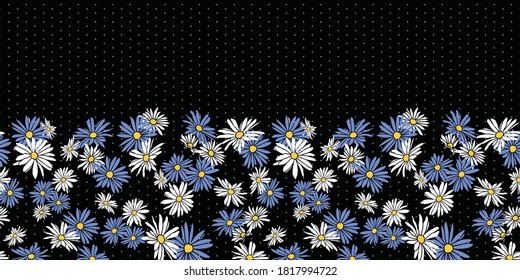 Abstract flowers hand drawn chamomile blossom seamless horizontal border pattern on dot textured black background design.