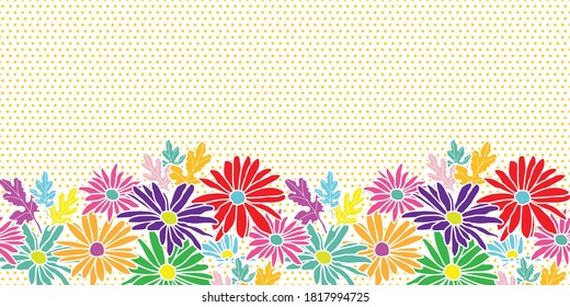 Flores abstractas flor de manzanilla dibujada a mano en el fondo del punto de polka borde horizontal diseño de patrones sin fisuras