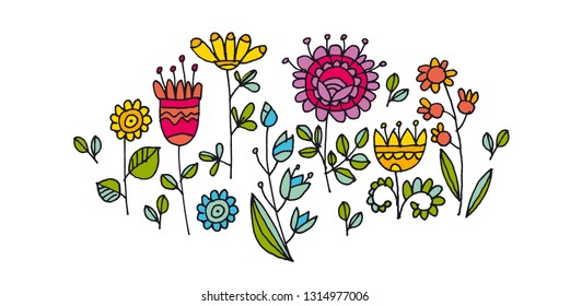 Abstract flowers hand drawn color illustration. Scandinavian style folk doodle clipart. Ornate wildflowers naive cartoon sketch. Floral contour drawing. Banner, greeting card isolated design element