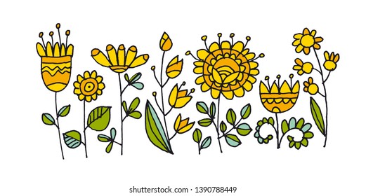 Abstract Flowers Hand Drawn Color Illustration. Scandinavian Style Floral Ornate Doodle Clipart. Wildflower Cartoon Sketch. Spring Blossom Naive Contour Drawing. Banner, Poster Isolated Design Element