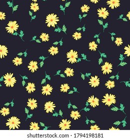 Abstract flowers hand drawn cute chamomile blossom sketch drawing seamless pattern on navy background design