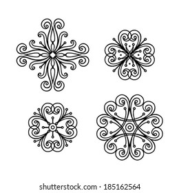 Abstract flowers, hand drawn design element, set of 4, isolated on white, vector