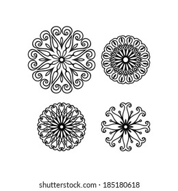 Abstract flowers, hand drawn design element, set of 4, isolated on white, vector