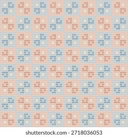 abstract flowers of hand drawn pixels. vector seamless pattern. repetitive background. modern decorative art. geometric fabric swatch. continuous textile design embroidery template. pink, blue color