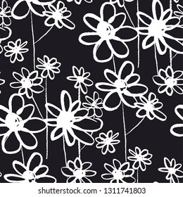 Abstract flowers hand drawn seamless pattern. Daisy chalk sketch drawing. Chamomile ink brush grunge texture. White doodle camomiles on black background. Floral wrapping paper, wallpaper vector design