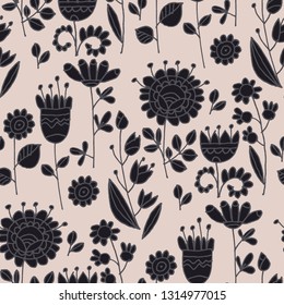 Abstract flowers hand drawn seamless pattern. Scandinavian style doodle floral silhouettes. Wildflowers doodle sketch. Black pink brushstrokes cartoon texture. Wrapping paper, wallpaper natural design