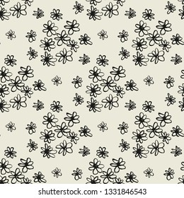 Abstract flowers hand drawn seamless pattern. Daisy ink pen grunge texture. Chamomile blossom sketch drawing. Black doodle camomiles on grey background. Botanic wrapping paper, wallpaper floral design