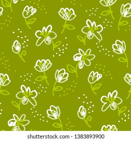 Abstract flowers hand drawn seamless pattern. Tulips doodle marker sketch texture. Liles cartoon felt-tip color drawing. Wildflowers green background. Wrapping paper, wallpaper naive floral design