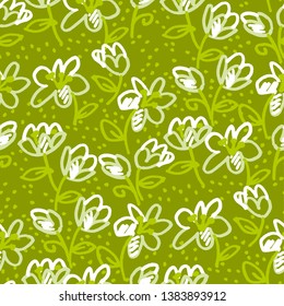 Abstract flowers hand drawn seamless pattern. Tulips doodle marker sketch. Liles cartoon felt-tip texture. Wildflowers color drawing. Naive green background. Wrapping paper, wallpaper floral design