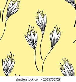 Abstract flowers in hand drawn sketch style. Yellow Floral seamless pattern. Line art. Nature Vector background.