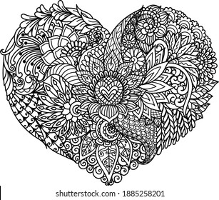 Abstract flowers in heart shape for printing, coloring book, coloring page. Vector illustration