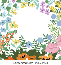 Abstract flowers and herbs background with space for text. Wedding, birthday, celebration card template.