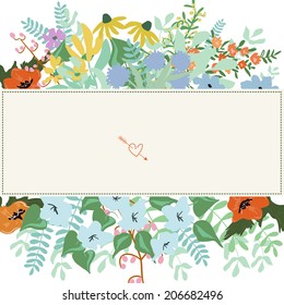 Abstract flowers and herbs background with space for text. Wedding, birthday, celebration card template.