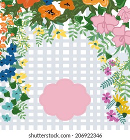 Abstract flowers and herbs background with space for text. Wedding, birthday, celebration card template.
