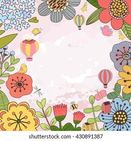 Abstract flowers and herbs background with space for text. Wedding, birthday, celebration card template.