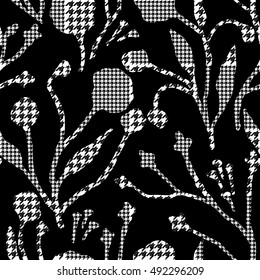 Abstract flowers with hounds-tooth plaid pattern. Modern design for paper, cover, fabric, interior decor and other users. Vector.