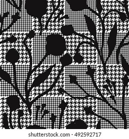 Abstract flowers with hounds-tooth plaid pattern. Modern design for paper, cover, fabric, interior decor and other users. Vector.