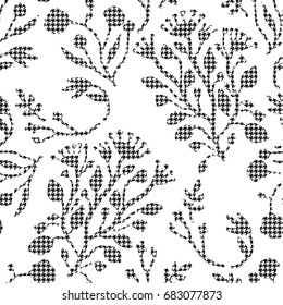 Abstract flowers with hounds-tooth plaid pattern. Modern design for paper, cover, fabric, interior decor and other users. Vector.
