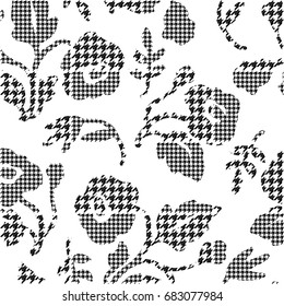 Abstract flowers with hounds-tooth plaid pattern. Modern design for paper, cover, fabric, interior decor and other users. Vector.