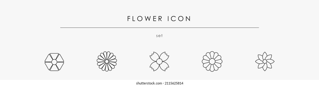 Abstract flowers icon set in isolation on white background. Floral ornament element. Floral design elements collection with black outlines. Modern minimal flower vector set