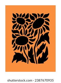 Flores abstractas, diseño de afiches interiores. Arte de pared floral. Silhouette de planta negra moderna, girasoles y sombra de hojas. Fondo de tarjeta de jardín natural, postal botánica. Ilustración vectorial plana