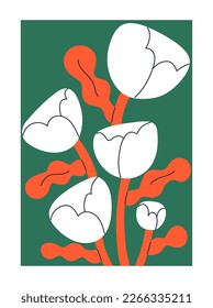 Abstract flowers, interior wall art, poster in modern style. Contemporary botanical card, postcard design with exotic blooming blossomed garden plant. Trendy colored flat vector illustration