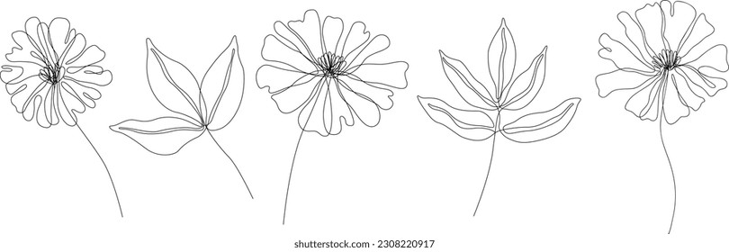 Abstract flowers isolated illustration. Wildflowers for background. Botanical art. Simple minimalist art set. Continuous line drawing.